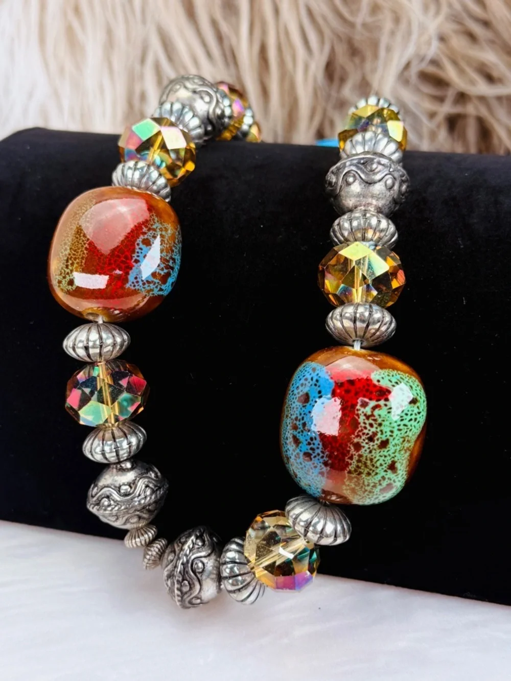 Bohemian, chunky glass beaded weighted statement, necklace